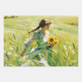 Mädchen mit Sonnenblumen auf einem sommerlichen Fe Geschenkpapier Set