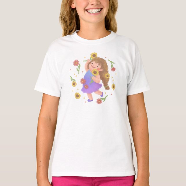 Mädchen mit Sonnenblumen-Illustration T-Shirt (Vorderseite)