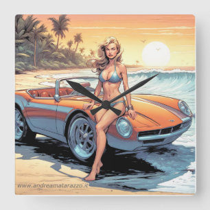 Mädchen mit Sportwagen Quadratische Wanduhr