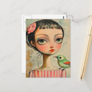 Mädchen mit süßem grünem Vogel auf ihrer Schulter Postkarte