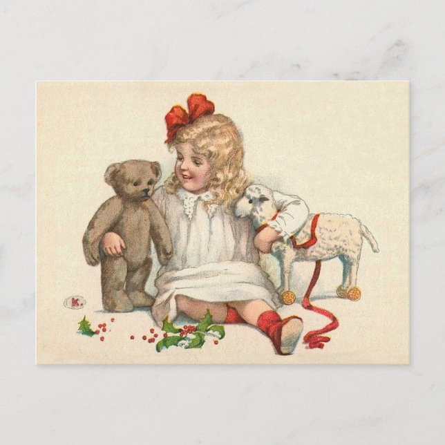 Mädchen mit Teddy und Lamm Postkarte (Vorderseite)