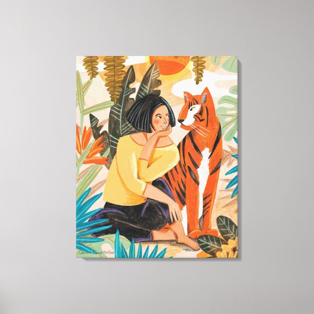 Mädchen mit Tigeruntergang-Dschungelposter Leinwanddruck (Vorderseite)