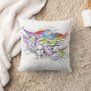 Mädchen mit Träumen in ihrem Haar Surreal Fantasy Kissen