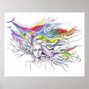 Mädchen mit Träumen in ihrem Haar Surreal Fantasy Poster