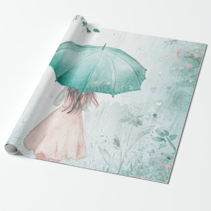 Mädchen mit türkisfarbenem Regenschirm im regneris Geschenkpapier