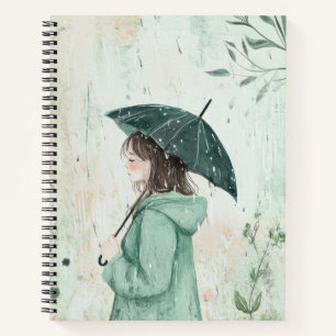 Mädchen mit türkisfarbenem Regenschirm Regen Garte Notizbuch