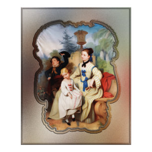 Mädchen mit Ventilator und zwei Kinder in elegante Fotodruck