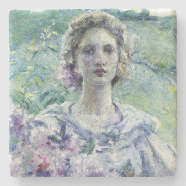 Mädchen mit violetten Blumen (von Robert Reid) Steinuntersetzer (Vorderseite)