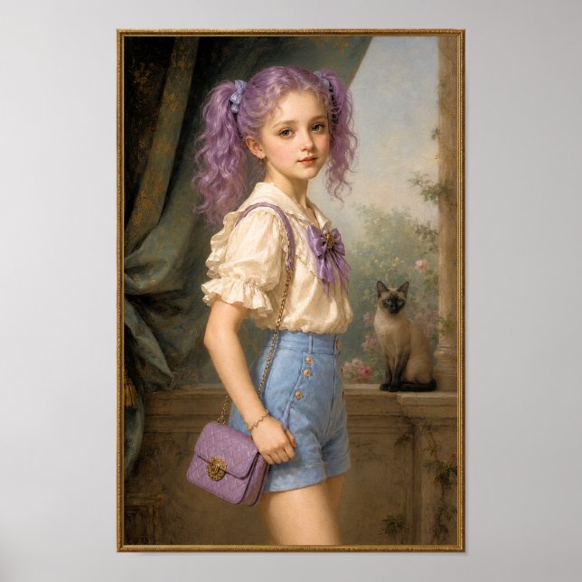 Mädchen mit violetter Farbe und Siamkatze Poster (Vorne)