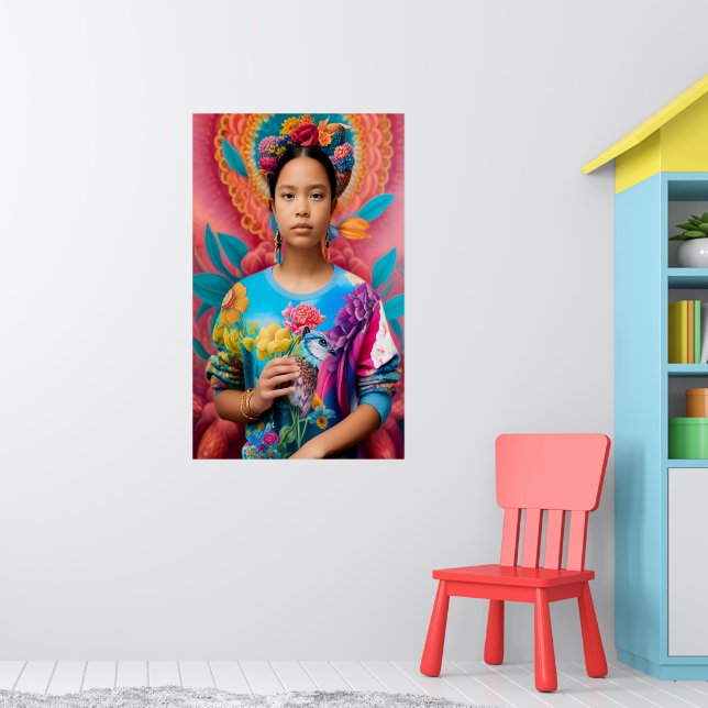 Mädchen mit Vogel und Blumenpulli Poster (Kinderzimmer 1)
