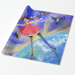 Mädchen mit Vögeln Umschnallpapier Geschenkfantasi Geschenkpapier