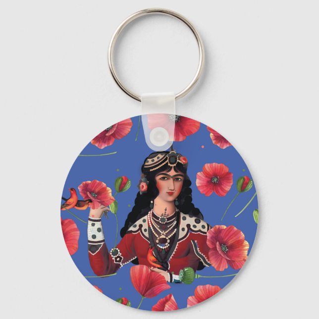 Mädchen mit Vögeln und Roter Blume Schlüsselanhänger (Vorderseite)