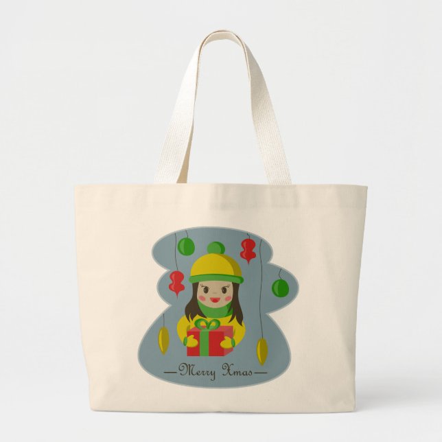Mädchen mit Weihnachts-Geschenkboxen Jumbo Stoffbeutel (Vorne)