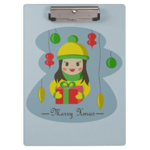 Mädchen mit Weihnachts-Geschenkboxen Klemmbrett