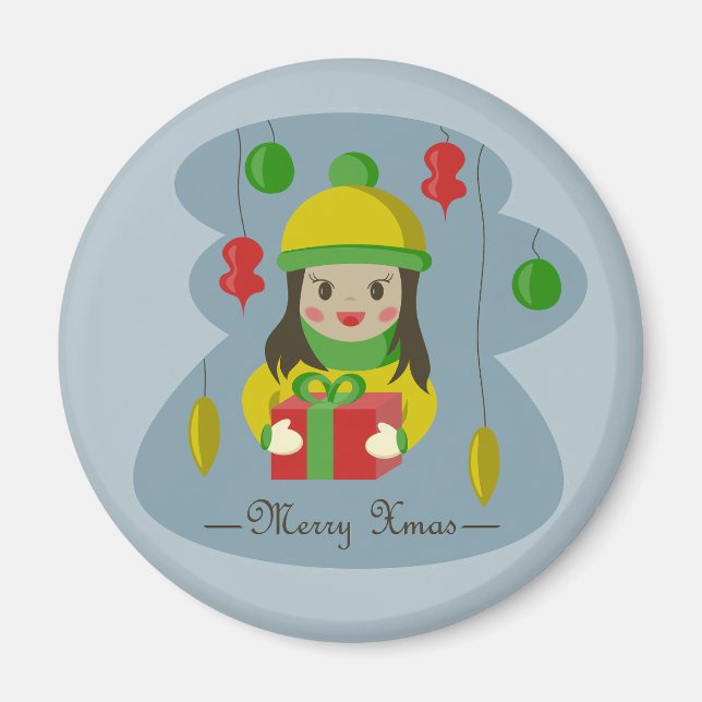 Mädchen mit Weihnachts-Geschenkboxen Magnet (Vorne)