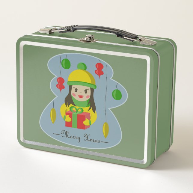Mädchen mit Weihnachts-Geschenkboxen Metall Brotdose (Vorderseite)