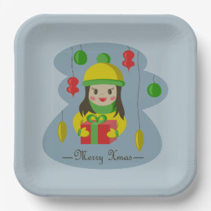 Mädchen mit Weihnachts-Geschenkboxen Pappteller