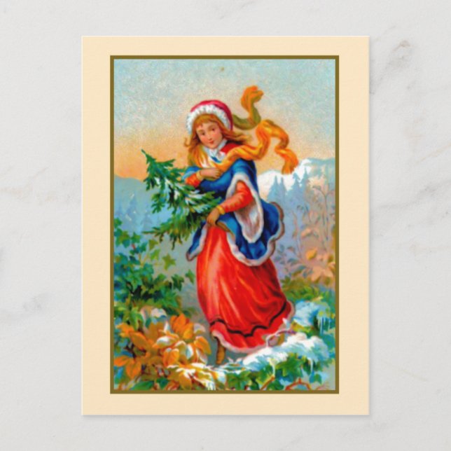 Mädchen mit Weihnachtsbaum Feiertagspostkarte (Vorderseite)