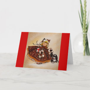 Mädchen mit Weihnachtswelpen Feiertagskarte