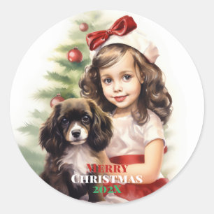 Mädchen mit Welpen Weihnachtssticker Runder Aufkleber