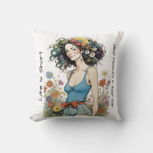 Mädchen mit Wildblumen im Haar Kissen