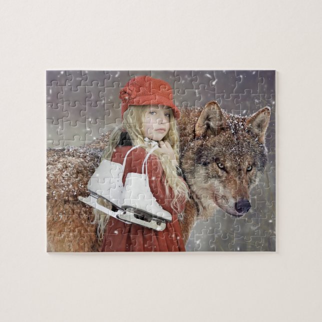 Mädchen mit Wolf und Skaten Winter Jigsaw Puzzle (Horizontal)
