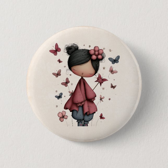 Mädchen mit Zauberstab und Schmetterlingen süß Button (Vorderseite)