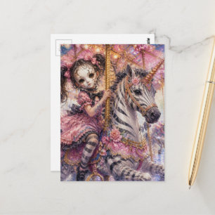 Mädchen mit zerbrochener Maske reitet auf einem Ze Postkarte