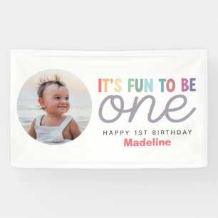 Mädchen modernes Regenbogen-Foto 1. Geburtstag Banner
