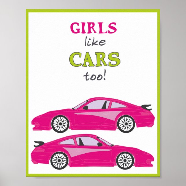Mädchen mögen auch Autos! Pink Cartoon Illustratio Poster (Vorne)