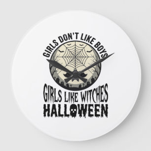 Mädchen mögen Hexen Halloween Vintage Vektor Desig Große Wanduhr