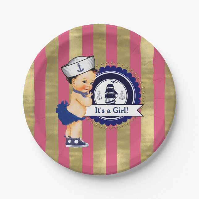 Mädchen Nautical Navy Blue Pink Gold Baby Dusche Pappteller (Vorderseite)