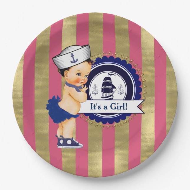 Mädchen Nautical Navy Blue Pink Gold Baby Dusche Pappteller (Vorderseite)