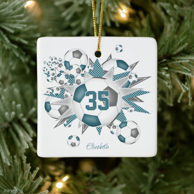 Mädchen nennen Fußballbälle Sterne aquamarin grau Keramikornament (Baum)