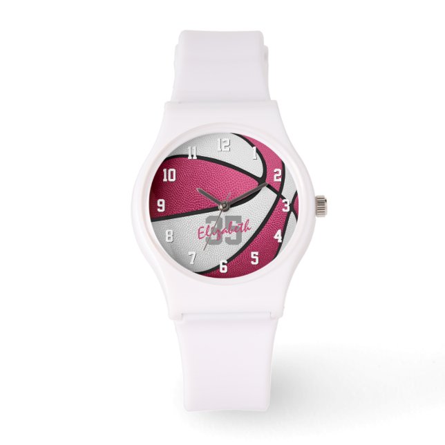 Mädchen nennen Jersey Nummer pinkfarbener weißer B Armbanduhr (Vorderseite)