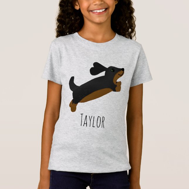 Mädchen Niedlich Black Dackel Hund Cartoon & Name  T-Shirt (Vorderseite)