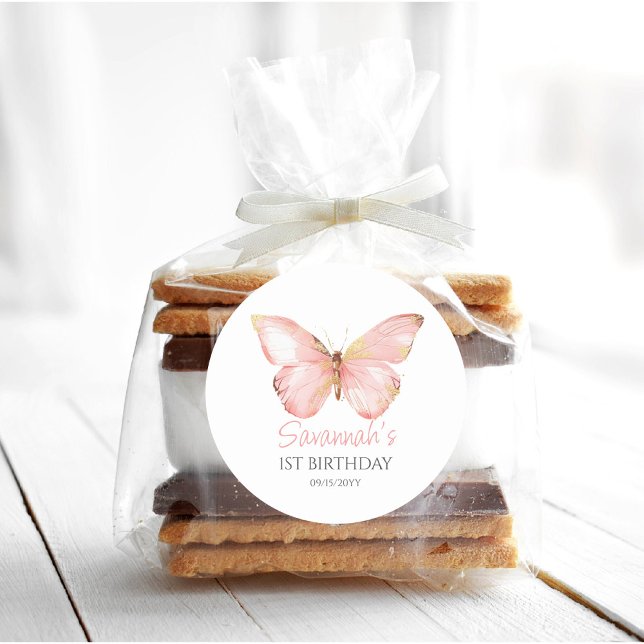 Mädchen Niedlich Blush Pink Butterfly 1. Geburtsta Runder Aufkleber (Von Creator hochgeladen)