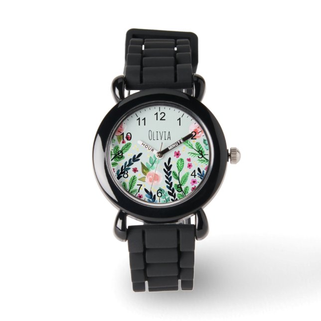 Mädchen Niedlich Botanische Aquarellfarben Blume K Armbanduhr (Vorderseite)