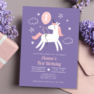 Mädchen Niedlich Einhorn Rosa und Lila Geburtstag Einladung