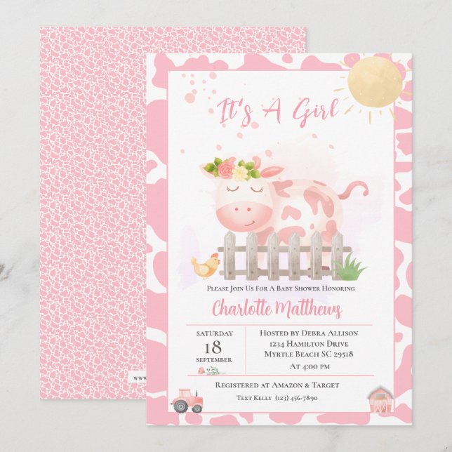 Mädchen Niedlich Farm Pink Kuh Kinderdusche Einlad Einladung (Vorne/Hinten)