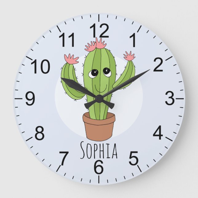 Mädchen Niedlich Kawaii Kaktus Pflanze und Name Ki Große Wanduhr (Vorderseite)