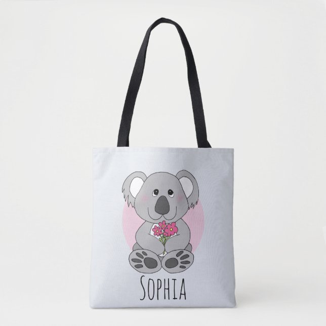 Mädchen Niedlich Koala Bär und Blume und Name Kind Tasche (Vorderseite)