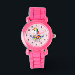 Mädchen Niedlich magischer Regenbogen Einhorn und  Armbanduhr<br><div class="desc">Diese niedliche und zauberhafte Kinderuhr besticht durch einen bezaubernden, handbemalten Regenbogen in Aquarellfarbe mit rosa Hintergrund. In diesem farbenfrohen Design können Sie auch Ihren Mädchennamen hinzufügen. Mit klaren, leicht lesbaren Zahlen ist diese "erste" Uhr ideal für diejenigen, die gerade erst mit dem Lernen beginnen. Das perfekte Design für Ihre Kleinen!...</div>