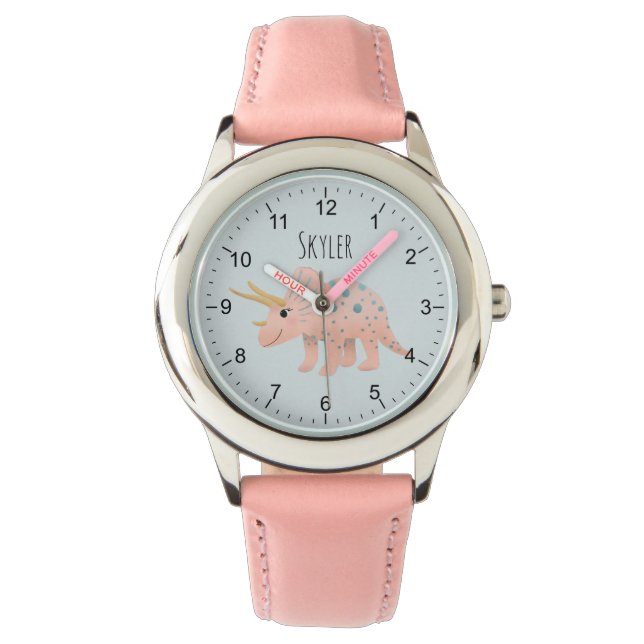 Mädchen Niedlich Moderne rosa Triceratops Dinosaur Armbanduhr (Vorderseite)