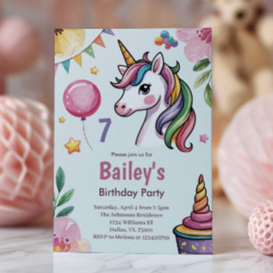 Mädchen Niedlich Pastel Unicorn Kinder 7. Geburtst Einladung