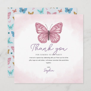Mädchen Niedlich Pink Aquarellblume Schmetterling  Dankeskarte