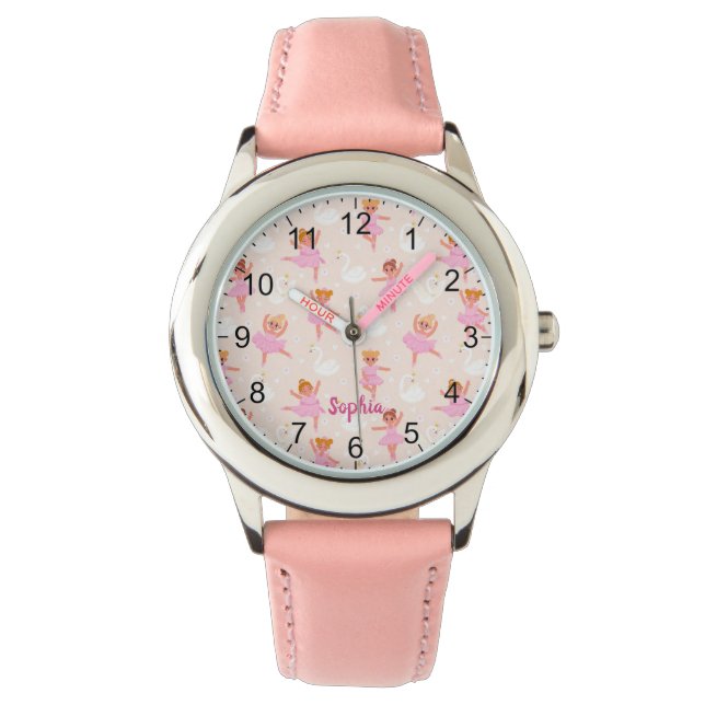 Mädchen Niedlich Pink Ballerina Personalisierter N Armbanduhr (Vorderseite)