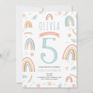 Mädchen Niedlich Pink Boho Rainbow Floral Geburtst Einladung