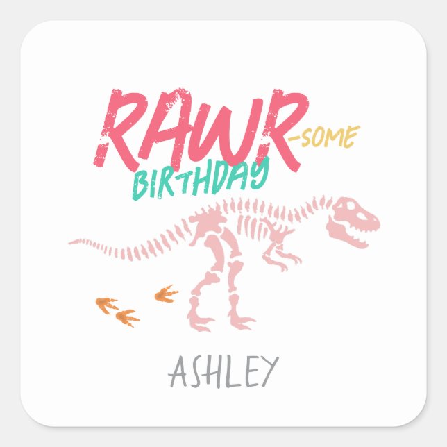 Mädchen Niedlich Pink Dinosaur Kindergeburtstag Ge Quadratischer Aufkleber (Vorderseite)