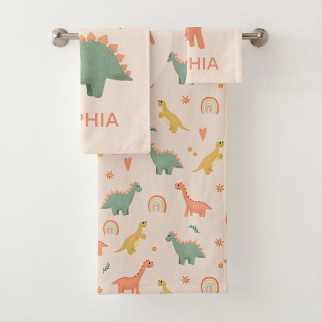Mädchen Niedlich Pink Dinosaur Muster Name Kinder Badhandtuch Set (Insitu)